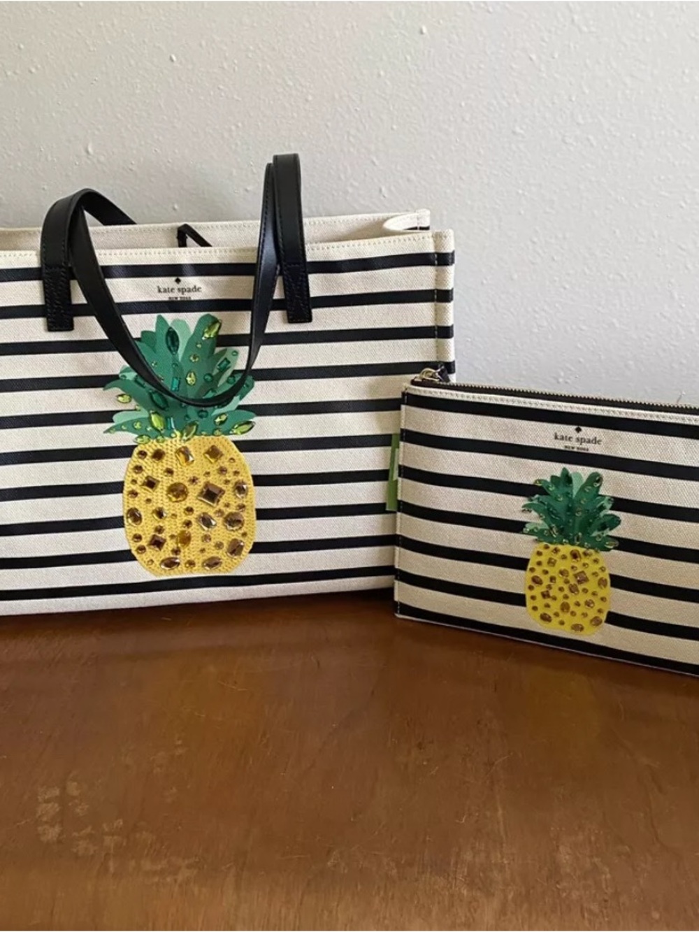 kate spade Black & White Striped Tote and Wristlet with Yellow Pineapple Accent